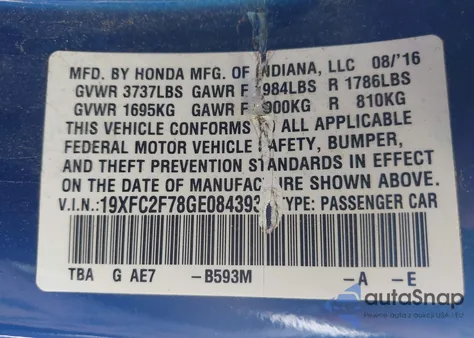 2016 Honda Civic Ex from USA, damaged, VIN 19XFC2F78GE084393